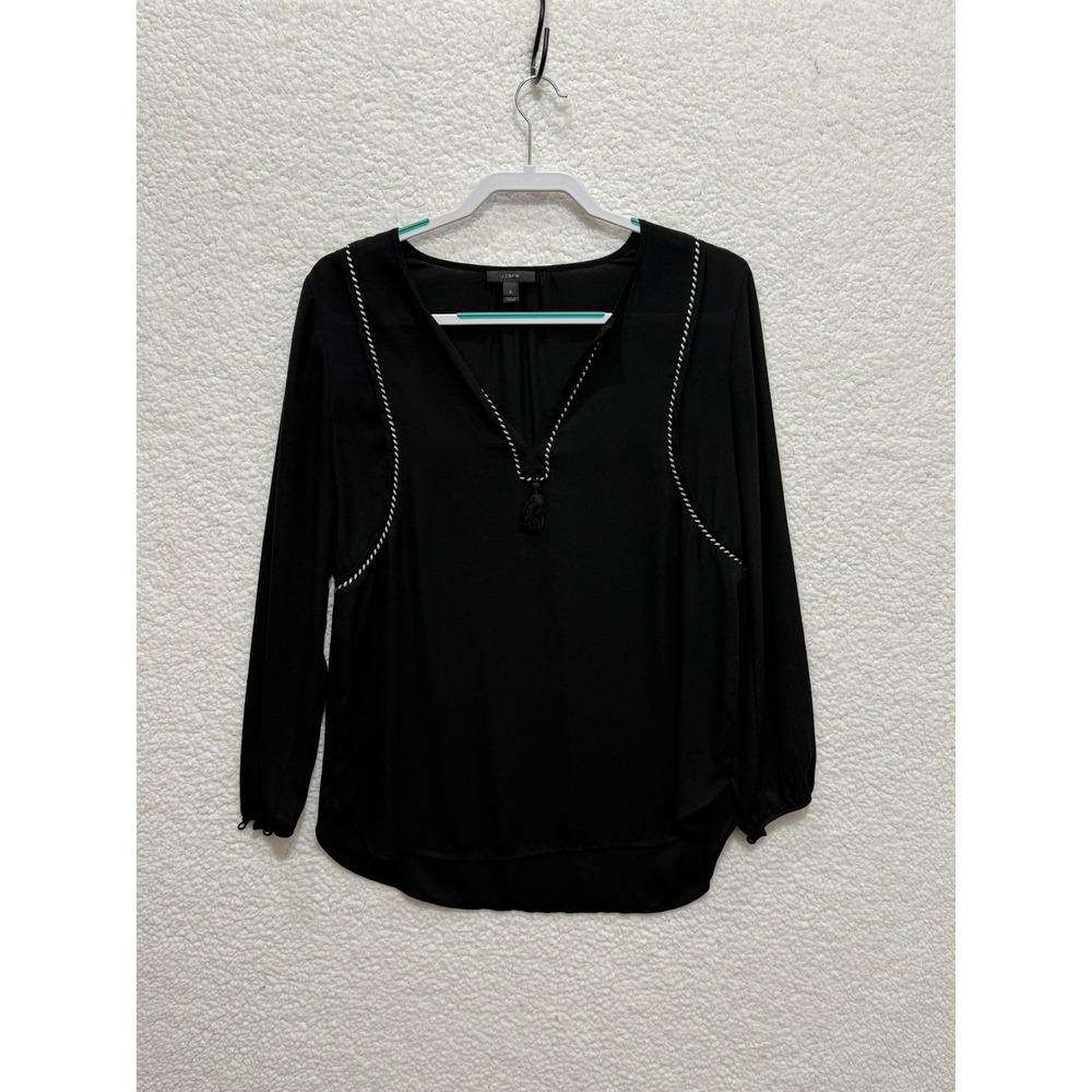 J. Crew Black Long Sleeve V Neck Tassel Detail Blouse Top Women Size 2